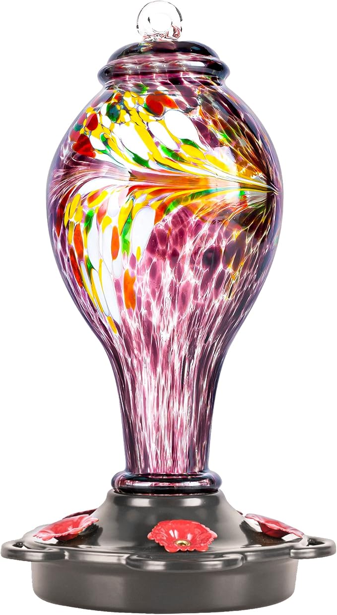 LUJII Hand Blown Glass Hummingbird Feeder for Outdoors Hanging with Ant Guard, 25 fl.oz, Leak Proof & Rustproof, Metal Base with 5 Feeding Ports & 5 Perches, Unique Garden & Backyard Decor (Purple)-VerdiqueGarden
