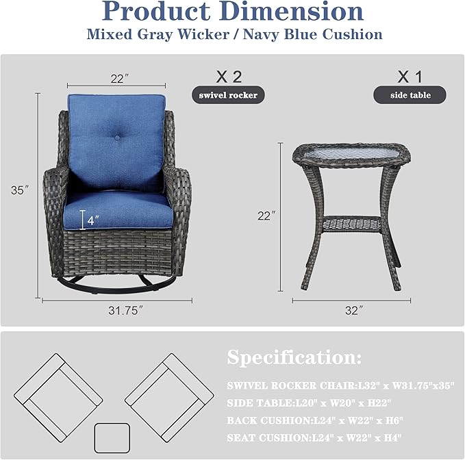 Patio Swivel Rocking Chairs - Outdoor Wicker Glider Swivel Rcoker, 3 Pieces Patio Wicker Furniture Sets for Porch Includes 2 Swivel Rocking Chair and 1 Side Table-VerdiqueGarden