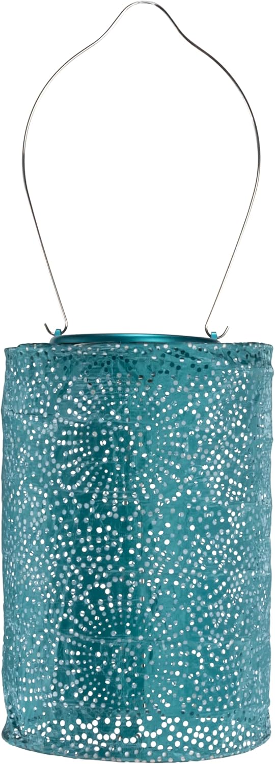 Allsop Soji Stella - Tin Art' Punched Luminaria - Cylinder - 7.5" - Outdoor Solar Latern - Metallic Emerald-VerdiqueGarden