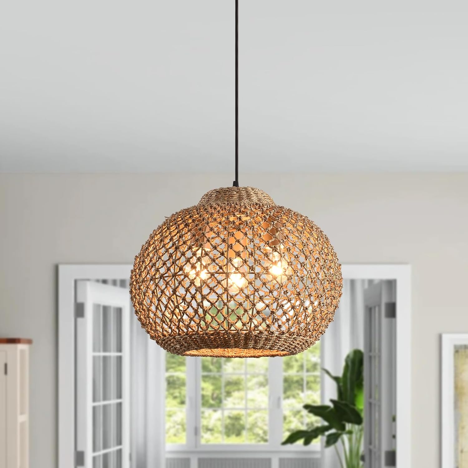 16.94" Rattan Pendant Light,Boho Wicker Chandelier Woven Water Plants, of Kitchen Island Farmhouse Dining Room,Entryway Foyer-VerdiqueGarden