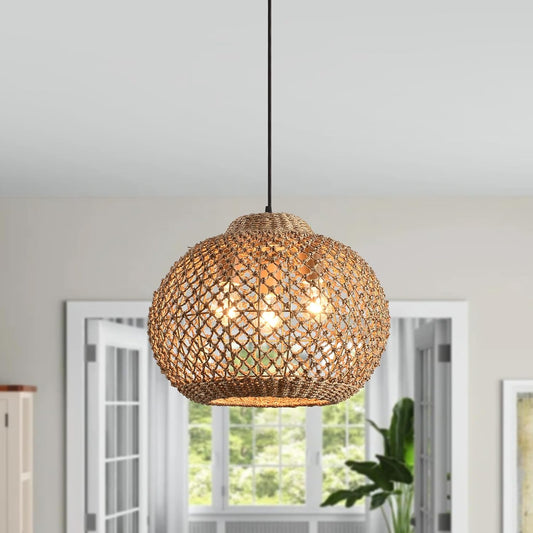 16.94" Rattan Pendant Light,Boho Wicker Chandelier Woven Water Plants, of Kitchen Island Farmhouse Dining Room,Entryway Foyer-VerdiqueGarden