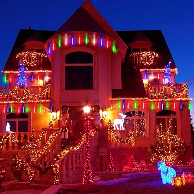 Aokudoni Christmas Lights 24 Tubes Meteor Shower Outdoor, Indoor Outside Decorations Icicle Snow Falling Rain for Tree Yard Party, UL Plug, Multi Color-VerdiqueGarden