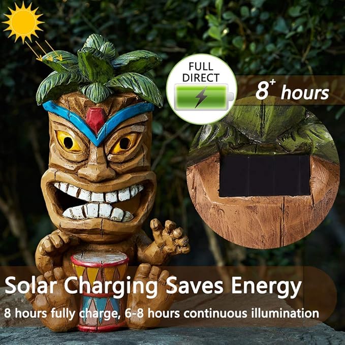 Outdoor Tiki Statue Decoration-Solar Power Light Tiki Garden Statues-Tiki Bar Decor Totem Pole Waterproof Figurines for Garden,Patio,Balcony,Yard,Lawn Ornament,10.43 Inch Tall-VerdiqueGarden