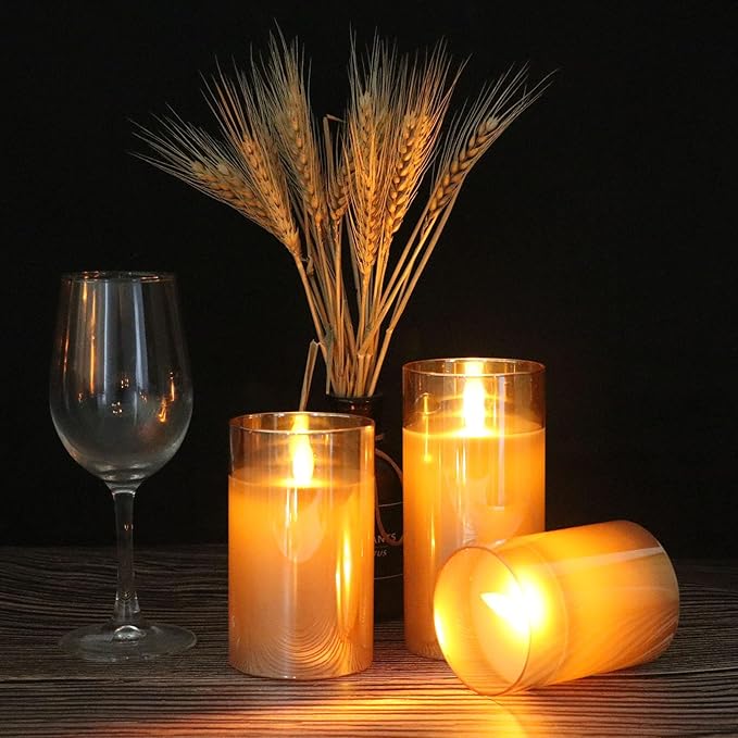 Glass Flickering Flameless Candles with Remote Timer, LED Pillar Candles Battery Operated with 3D Realistic Wick, Real Wax Fake Candles Home Decor for Wedding Festival Party(Gold)-VerdiqueGarden