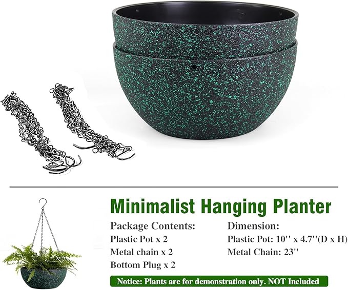 10inch Hanging Planters for Outdoor Indoor Plants with Drainage Holes and Chain, 2 Pack Round Hanging Flower Pots for Garden Home Porch Decor, Black with Green Speckles-VerdiqueGarden