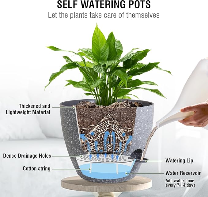 Self Watering Hanging Planters 10 inch, 2 Pack Hanging Flower Pots for Indoor Outdoor Plants, Hanging Baskets with Drainage Holes & 2 Kinds of Plant Hangers for Garden Decor, Speckled Grey-VerdiqueGarden