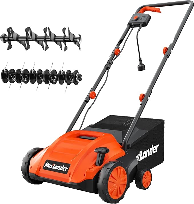 MAXLANDER Electric Dethatcher and Scarifier, 13” 12Amp 2-in-1 Lawn Dethatcher with 4-Position Depth Adjustment, 30L Removable Collection Bag, Airboost Technology Increases Lawn Health-VerdiqueGarden