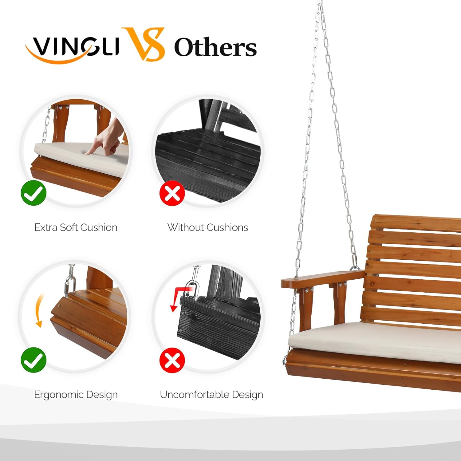 VINGLI Heavy Duty 880 LBS Patio Wooden Porch Swing Outdoor with Extra Cushion, Farmhouse Hanging Bench Tree Swing with Adjustable Chains for Yard | Garden | Lawn | Balcony (5 FT, Brown)-VerdiqueGarden