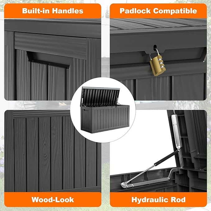 80 Gallon Resin Deck Box, Lockable Outdoor Storage Box for Patio Cushions Storage Furniture,Garden Tools, Pool Supplies, Weatherproof and UV Resistant- Black (80 Gallon)-VerdiqueGarden