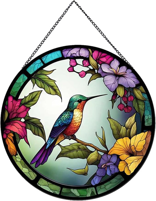 Hummingbirds and Flowers Pattern Hanging Stained Glass Suncatcher,Stained Glass Suncatchers for Windows,20cm/7.87inch Hand-Painted Sun Catcher Garden Painted Glass Panel Decor Themed Gift-VerdiqueGarden