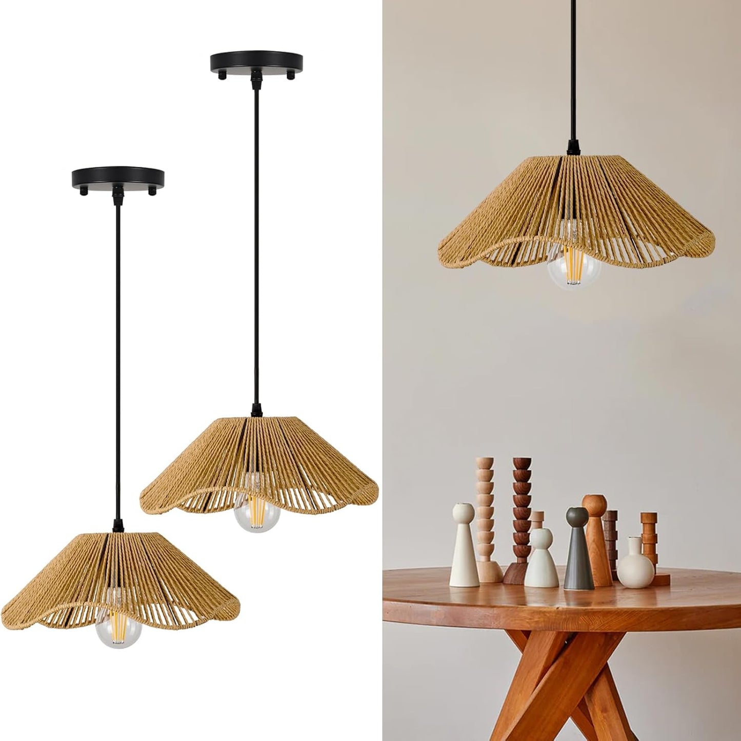TERLEENART Hard Wired Rattan Pendant Lights Set of 2,Kitchen Island Pendant Lights with 12” Flower Shade,Boho Handwoven Paper Rope Rattan Ceiling Light for Living Room Dining Room Restaurant Foryer-VerdiqueGarden