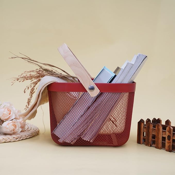 Metal Mesh Steel Basket, Storage Organizer Basket Multi-functional Hanging Kitchen Baskets Fruit Basket Bin with Bamboo Handle for Kitchen Bathroom Picnic Shopping Decor Cabinet Home, Red-VerdiqueGarden