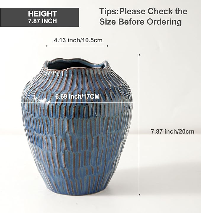 Blue Ceramic Vase for Home Decor,7.8 Inch Flower Vases，Decorative Vase for Pampas Grass，Modern Art Texture Vases for Home Entryway Living Room Dining Table Farmhouse Office Decor- Blue-VerdiqueGarden