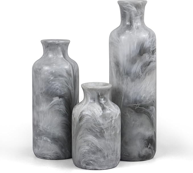 Resin 3 Piece Vase Set, Farmhouse Decor, Home Decorative Vase, Vases for Your Kitchen, Bedroom, Office, Living Room, Bathroom, & Shelf Centerpiece Table Decorations, Grey-VerdiqueGarden