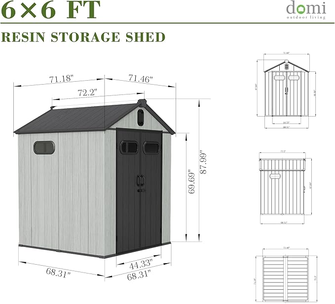 Domi 6x6FT Outdoor Resin Storage Shed with Transparent Windows & Louvered Vents, Plastic Tool Shed with Double Lockable Doors & Gable Roof, Outside Garden Shed for Backyard, Patio, Lawn, Grey-VerdiqueGarden