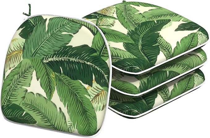Indoor/Outdoor Chair Cushions 16x17 Inch, Patio Chair Cushions with Ties, All Weather Seat Cushions for Patio Furniture Home Garden Chair Use, Set of 4, Swaying Palms Green-VerdiqueGarden