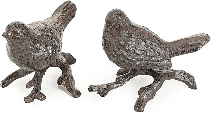Sungmor Cast Iron Small Bird Statues, Set of 2 Realistic Rust Brown Bird with Branch Collectible Figurines, Farmhouse Home Garden Decorative Sculpture, Indoor and Outdoor Ornaments-VerdiqueGarden