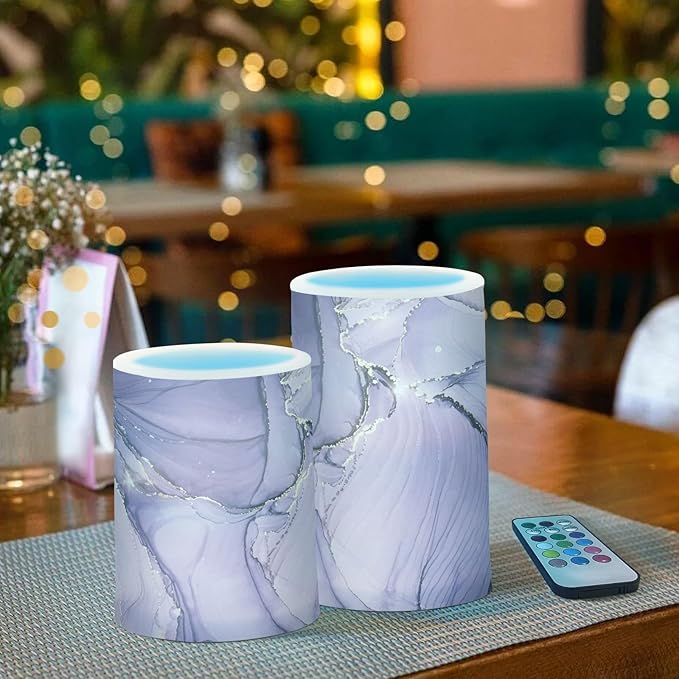 Flickering Flameless Candles, Purple Marble Lavender Liquid LED Candles with Remote Timer, Set of 2 Battery Operated Candle for Valentine Wedding Birthday-VerdiqueGarden