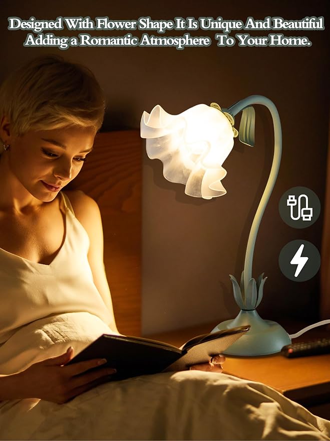 Flower Table Lamp,LED Reading Light Bedside Vintage Flower Night Light,3 Colors Modes Kawaii Bedside Lamps Decor,Living Room Bedroom Room Lighting Table Lamps Home Decoration (Green)-VerdiqueGarden