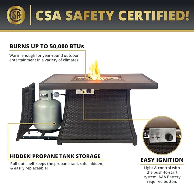 42" Outdoor Fire Pit Table for Patio, Propane Fire Pit Coffee Table with Square Base Patio Heater, CSA Certified, 50,000 BTU Stainless Steel Burner-VerdiqueGarden