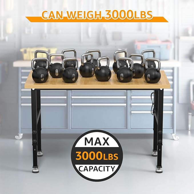 48" Adjustable Workbench,Heavy-Duty Work Table,3000 LBS Load Capacity Particleboard Hardwood Workstation Outlets with Power Strips and Fixed feet,for Workshop, Garage-VerdiqueGarden