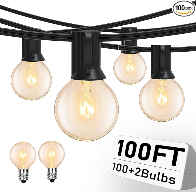 100FT String Lights, G40 Outdoor String Lights Edison Light Bulbs Clear Globe Lights for Backyard Patio Lights Indoor/Outdoor Commercial Decoration -5 Watt/120 Voltage/E12 Base -Black Wire-VerdiqueGarden