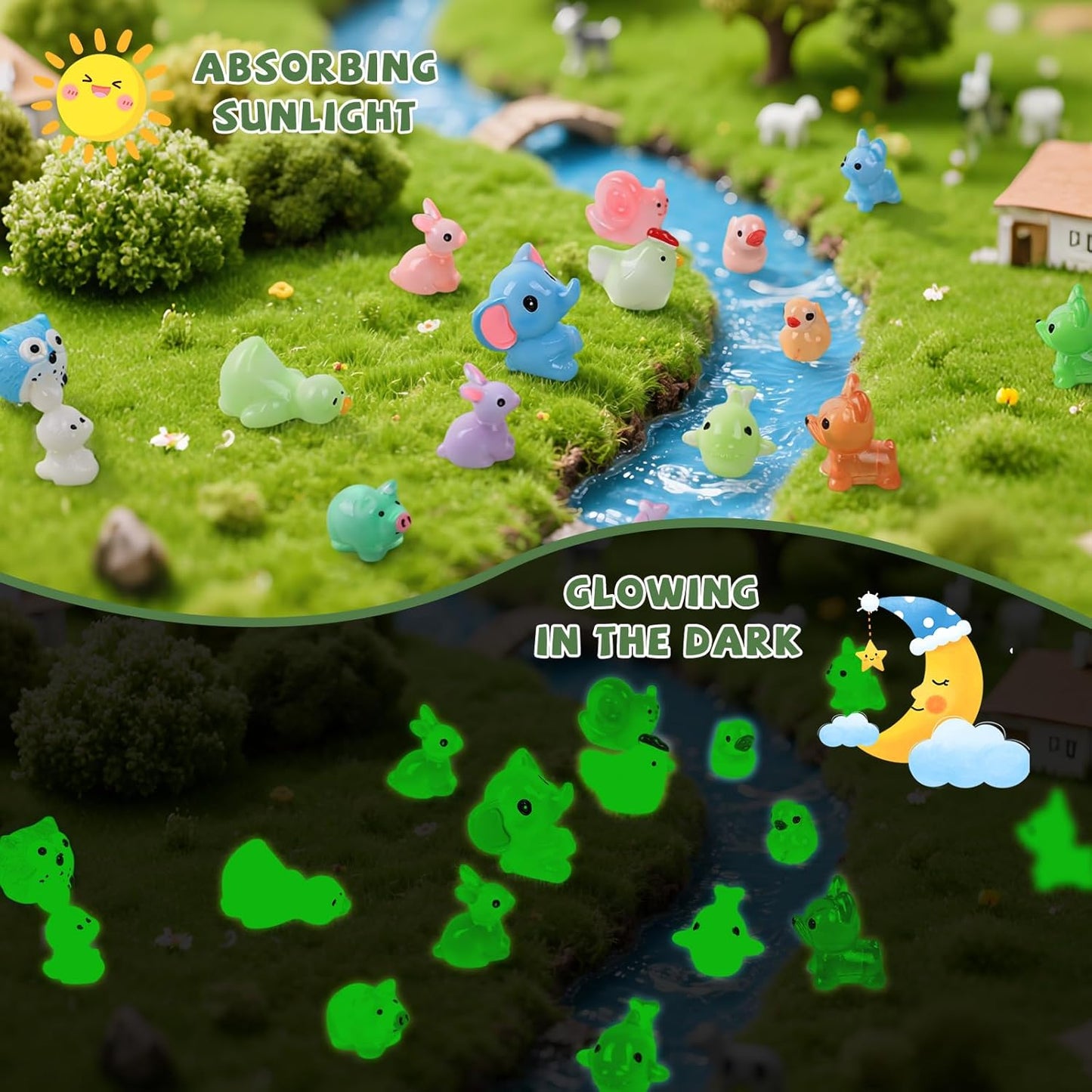 150 PCS Luminous Mini Resin Animals, Glow in The Dark Fairy Garden Decor, Mini Ducks Frogs Turtles Figurines for Aquarium, Terrarium, Slime Charms & Potted Plant Landscape Decoration-VerdiqueGarden
