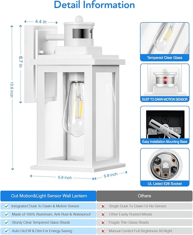 VIANIS Motion Sensor Porch Lights, 2 Packs Outdoor Wall Lights Wall Mount, White Dusk to Dawn Outdoor Sconce Lights, Waterproof Exterior Light Fixture for House, Garden, Patio,Hardwired, Non-Solar-VerdiqueGarden