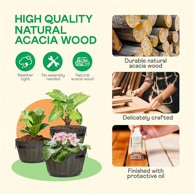 IDZO Set of 3 Wooden Flower Planters for Outdoor Plants, Acacia Wood Barrel Planters, Ergonomic Handles, Drainage Holes, Various Sizes, Black-VerdiqueGarden