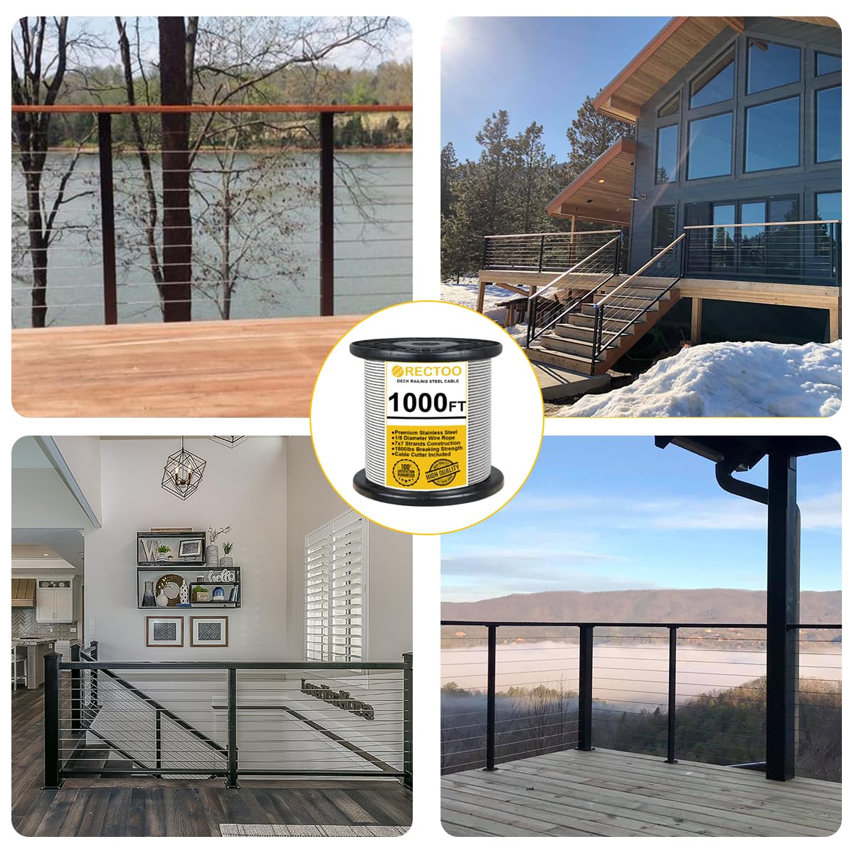 1000FT 1/8" T316 Stainless Steel Cable with Cutter, 7x7 Strands Aircraft Wire Rope for Deck Railing, Stair Handrail, Porch Fence, High Strength for Indoor and Outdoor Use-VerdiqueGarden