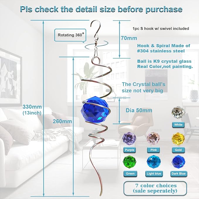 FONMY Gazing Ball Spiral Tail -Decorative Wind Spinner Sun Catcher Rainbow Maker 11 inch Tail and 2 inch Dark Blue Crystal Orb. Indoor Outdoor Garden Decoration -13 inch Height-VerdiqueGarden