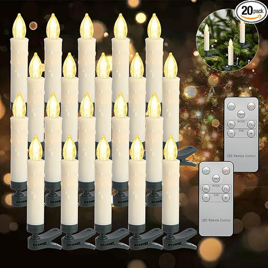 LED Christmas Candles, Flickering Clip on Candles for Christmas Tree, Battery Operated with Remote Timer, Warm White Light, Flameless Taper Candles for Home Christmas Decor, Set of 20-VerdiqueGarden