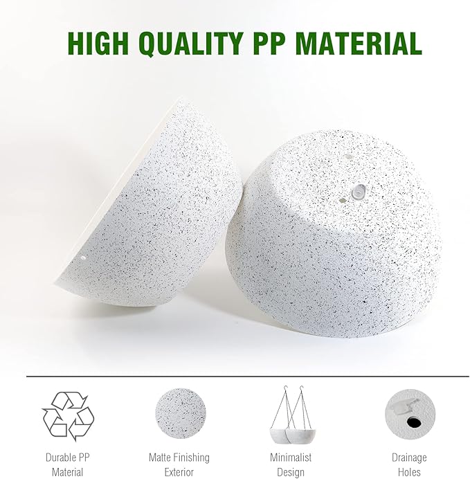 10 inch Hanging Planters for Outdoor Indoor Plants with Drainage Holes and Chain, 2 Pack Round Hanging Flower Plant Pots for Garden Home Porch Decor, Speckled White-VerdiqueGarden