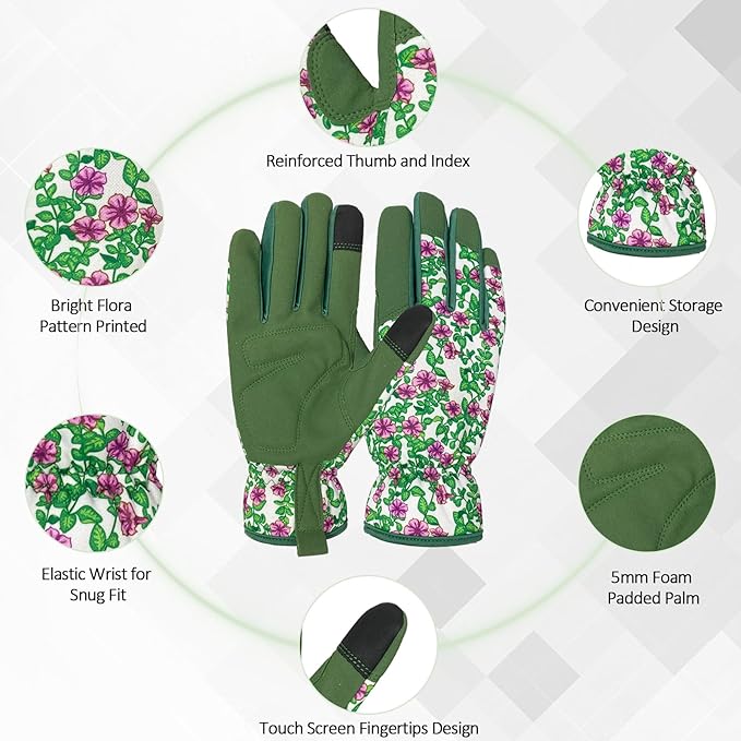 Gardening Gloves for Women, Garden Gloves with Touch Screen, Thorn Proof Puncture Resistant Working Gloves, Gardening Gifts for Women (Green with purple flowers, Medium)-VerdiqueGarden