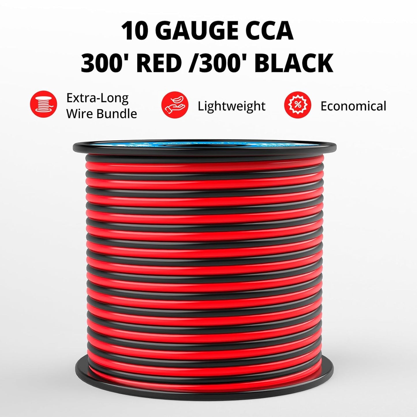 NAOEVO 10 Gauge Wire 300FT, 2 Conductors Electrical Wire Red Black Cable, Flexible/Low Voltage/PVC 10 AWG Copper Clad Aluminum Extension Cord for Speaker, LED Strips, Automotive 12V/24V DC-VerdiqueGarden