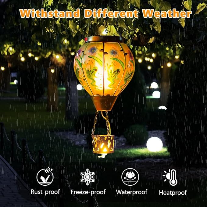 Starsoul Frog Hot Air Balloon Solar Lantern with Candle Holder Glass Outdoor Solar Hot Air Balloon Flickering Flame Lamp Hanging Garden Light Waterproof for Lawn Porch Tree Yard Decorations-VerdiqueGarden
