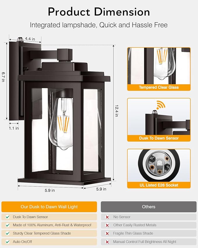 VIANIS Bronze Outdoor Wall Lights, Dusk to Dawn Led Outdoor Light, Aluminum Exterior Lighting Fixtures, Waterproof Porch Lights Outdoor for House, Doorway, Garage,Hardwired, Non-Solar-VerdiqueGarden