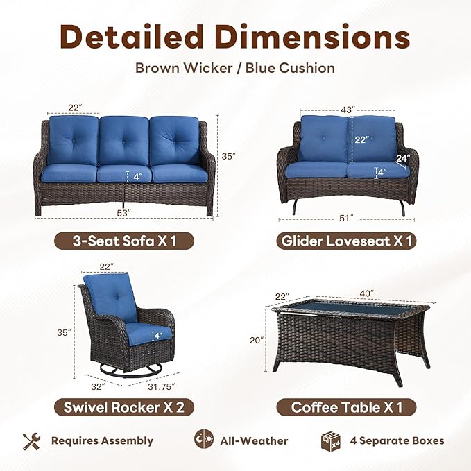 5 Piece Outdoor Patio Furniture Set - Outdoor Conversation Couch and Loveseat Glider Chair Furniture Set with Rattan Coffee Table for Deck Balcony Poolside Brown Wicker/Blue Cushions-VerdiqueGarden