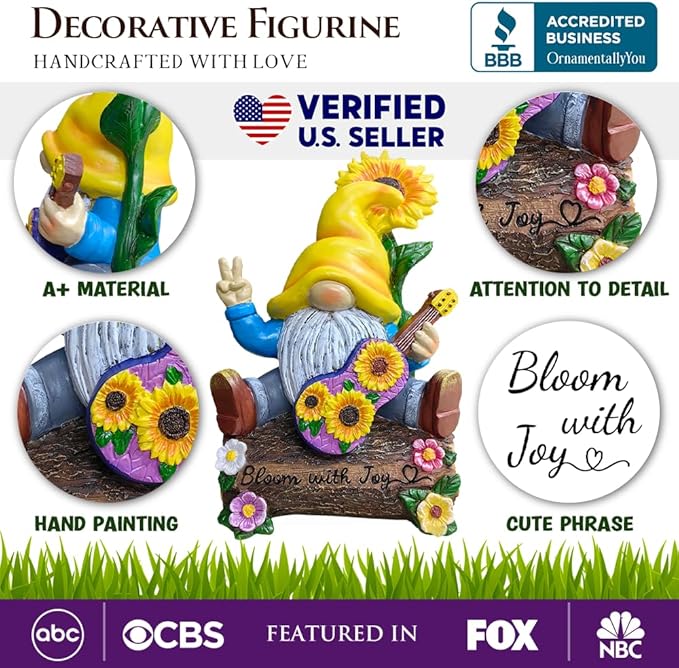 Spring & Summer-Themed Garden Statues – Adorable Outdoor Decor for Lawn, Patio & Porch (Bloom with Joy Sunflower Gnome 10" Garden Statue Figurine with Guitar, Spring and Summer Home Decoration)-VerdiqueGarden