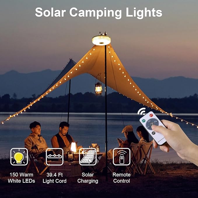 Solar Camping String Lights, 39.4FT Portable Waterproof Camping Light with 8 Lighting Modes, Solar Powered and USB Rechargeable Tent Lantern with Remote Control for Camping, Yard, Garden and Hiking-VerdiqueGarden