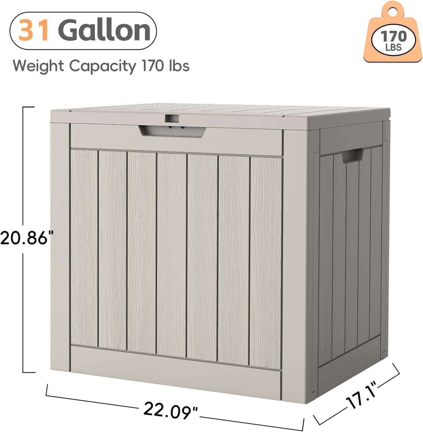 Outdoor Storage Box, 31 Gallon Waterproof Resin Deck Box, Storage Bin for Package Delivery, Patio Furniture Cushion, Garden Tools, Pool Accessories, Weatherproof and UV Resistant, Grey-VerdiqueGarden