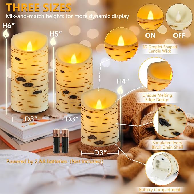 Metaku Flameless Candles Battery Operated Set of 3 Birch Bark LED Pillar Candles with Remote,3D Moving Wick Electric Decorative Candles for Christmas Party Wedding Home Bedroom,D 3"×H4 5" 6"-VerdiqueGarden