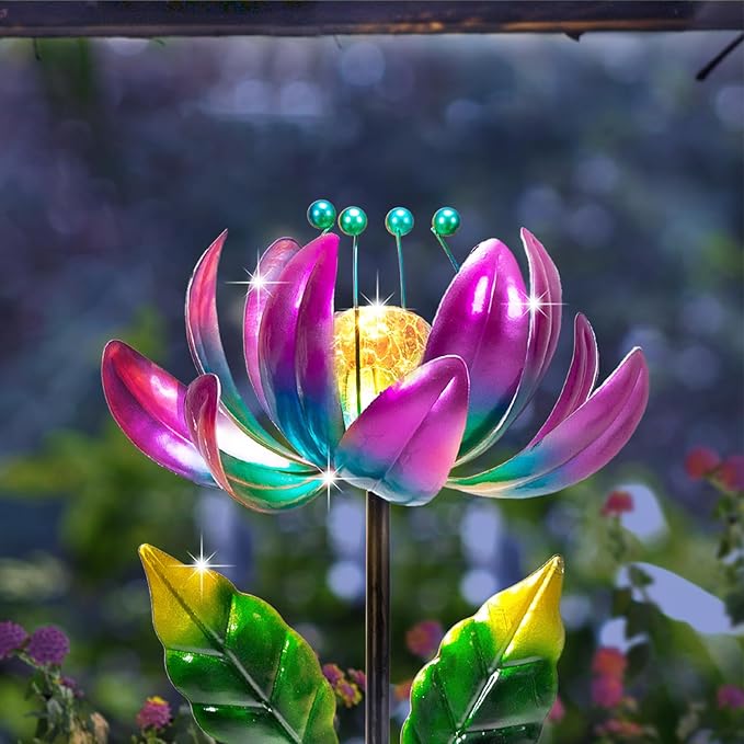 Huaxu Solar Outdoor Lights 35.4In Garden Decor Flower Wind Spinners,Waterproof LED Crackle Glass Globe Purple Lotus Art Metal Stake for Lawn Patio Pathway Yard Porch Driveway Decorations Gift-VerdiqueGarden