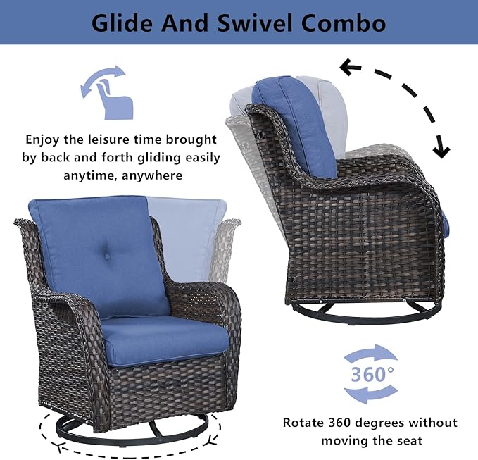 Wicker Outdoor Furniture Patio Furniture Set - 6 Piece Patio Conversation Set with Swivel Rocker Chairs, Loveseat Sofa, Ottomans and Coffee Table, Blue Cushion-VerdiqueGarden