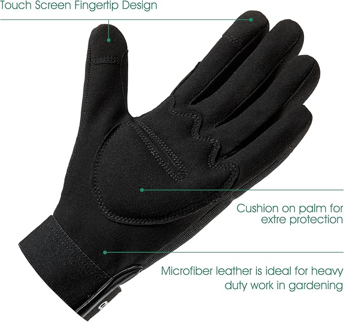 COOLJOB Thorn Proof Garden Gloves with Touchscreen Fingers for Men, Rose Pruning Work Gloves with Palm Cushion for Gardener, Farmer and Landscaper (Black 1 Pair Large)-VerdiqueGarden