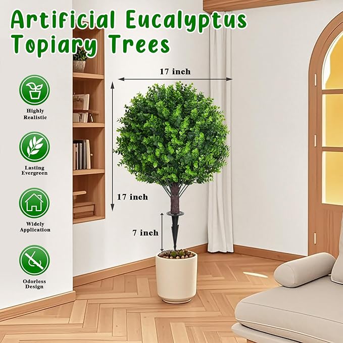 Artificial Topiary Tree with Eucalyptus, Set of 2 Artificial Shrub Bushes with Ground Spike, Fake Evergreen Tree for Porch, Artificial Plants for Outdoor Planters Indoor UV Resistant-VerdiqueGarden