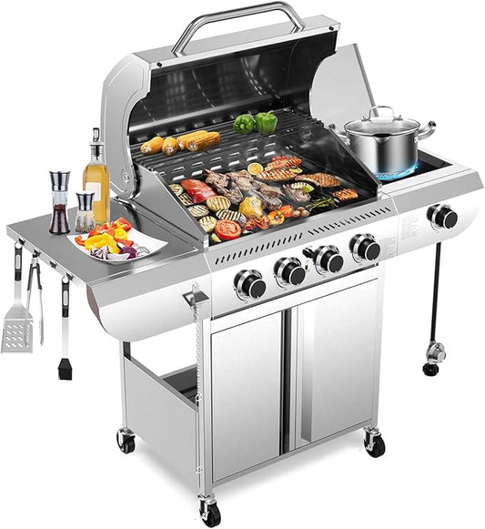 R.W.FLAME 4-Burner Gas Grill with Side Burner, Stainless Steel Propane Grill 42000BTU for Outdoor Cooking, with Porcelain-Enameled Cast Iron Grates, Baking Pan, Silver-VerdiqueGarden