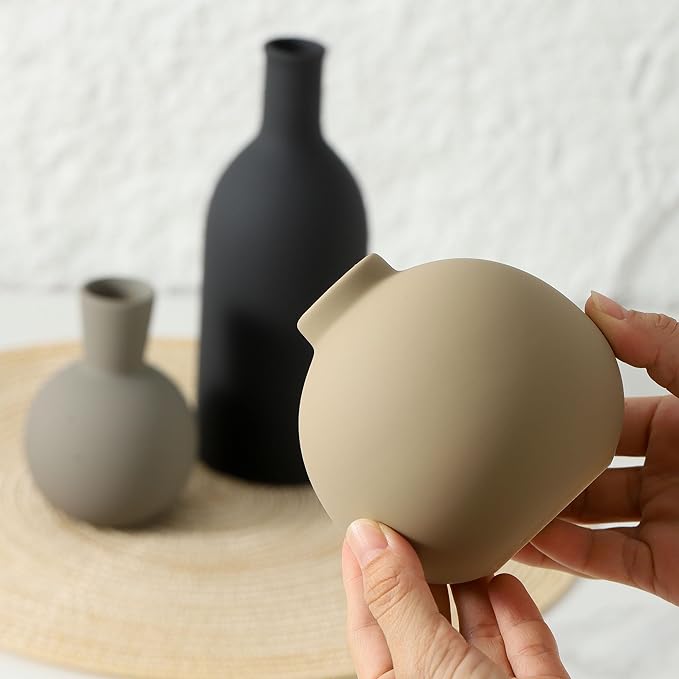Ceramic Vase Set of 3, Flower Decorative Vases Home Decor Boho Neutral Modern Pottery Pampas Vases for Centerpiece Bouquet Table Mantel Entryway Bookshelf Living Room Bedroom Bathroom Kitchen-VerdiqueGarden