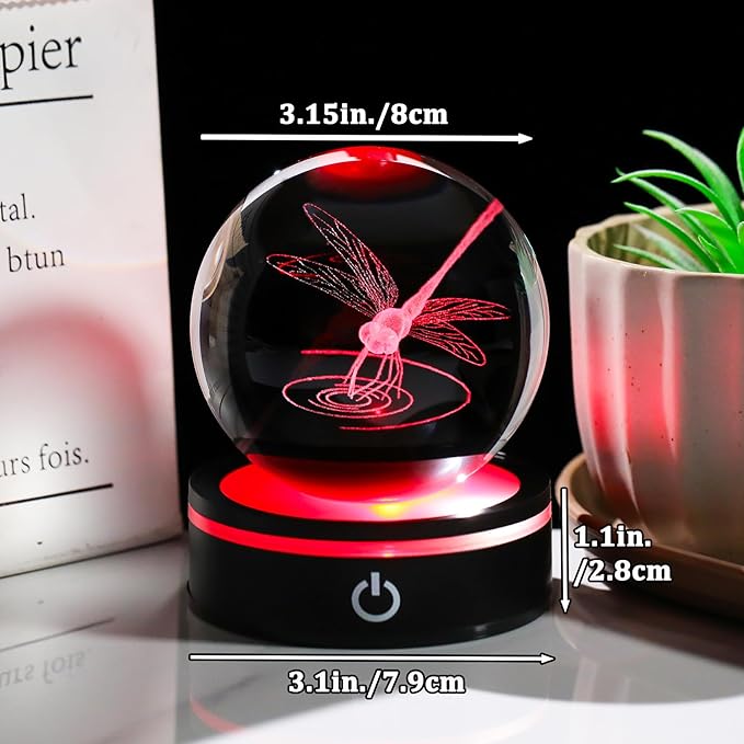 YWHL Crystal Ball 3D Dragonfly Figurine with LED Base, Dragonfly Gifts for Men Women on Christmas Birthday, Glass Animals Insect Sphere Decorative Ball for Home Decor (80mm)-VerdiqueGarden