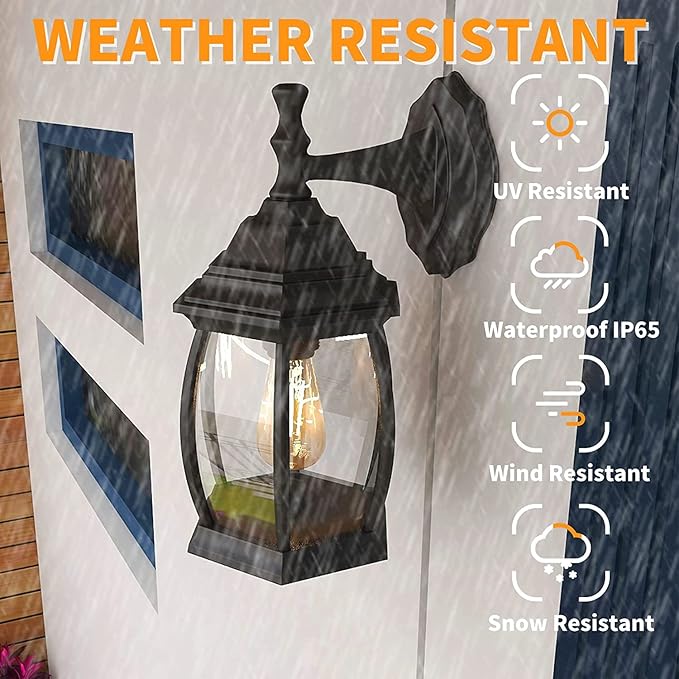 Pia Ricco Outdoor Wall Lights, Textured Black Exterior Light Fixtures with Clear Glass Shade, Waterproof Front Porch Lighting, Modern Sconces Lantern for Outside, House, Garage, E26 Socket, ETL Listed-VerdiqueGarden
